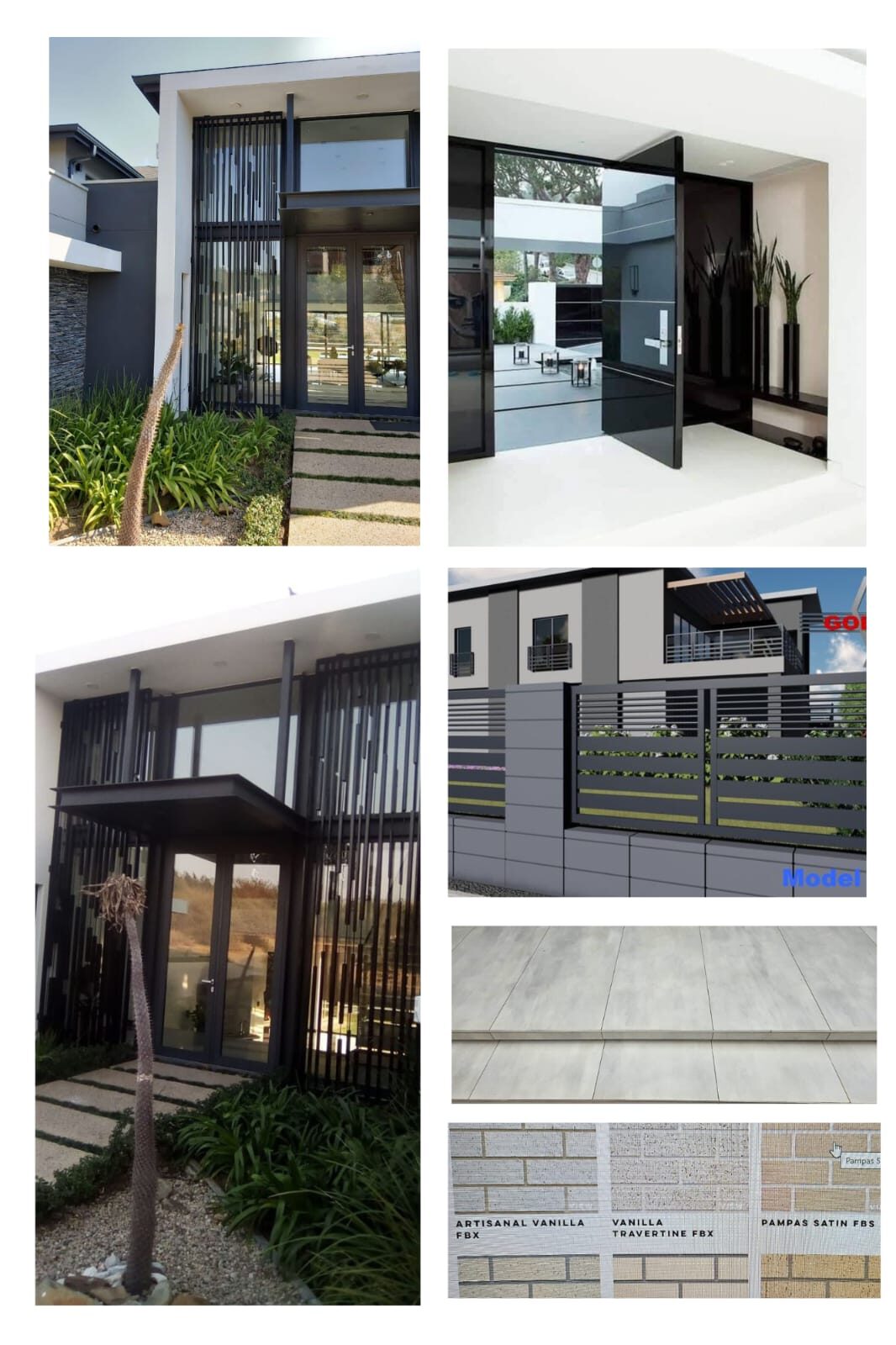 Facade design mood board — aluminium screening, pivot doors, boundary walls