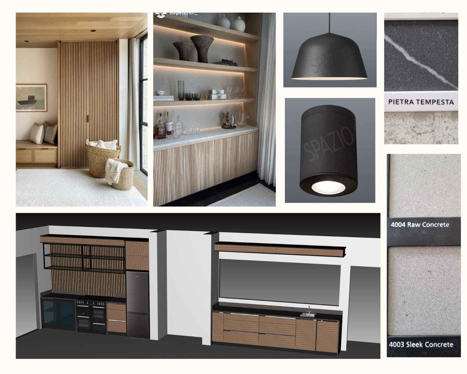 Interior materials mood board — timber slatting, pendant lighting, stone finishes